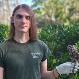 A man stands outdoors holding a small owl on his gloved hand.